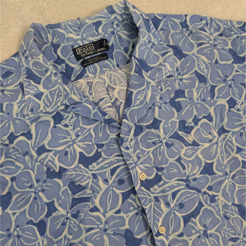 Vintage Polo Ralph Lauren Men's 2XL Linen Aloha Hawaiian Loop Floral Shirt Blue
